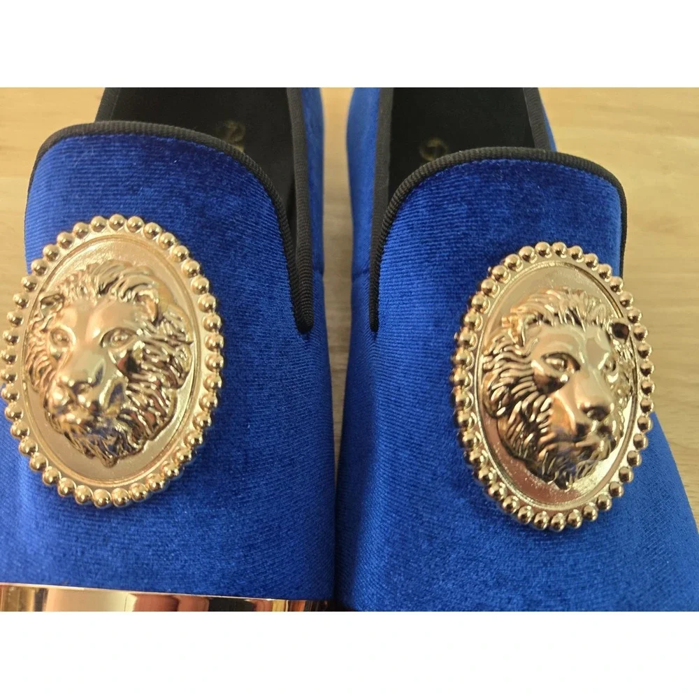 Harpelunde Men's Velvet Loafers Blue‎ Gold Lion Buckle Size 7